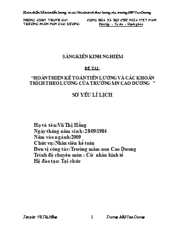 Sáng kiến kinh nghiệm Hoàn thiện kế toán tiền lương và các khoản trích theo lương của trường MN Cao Dương